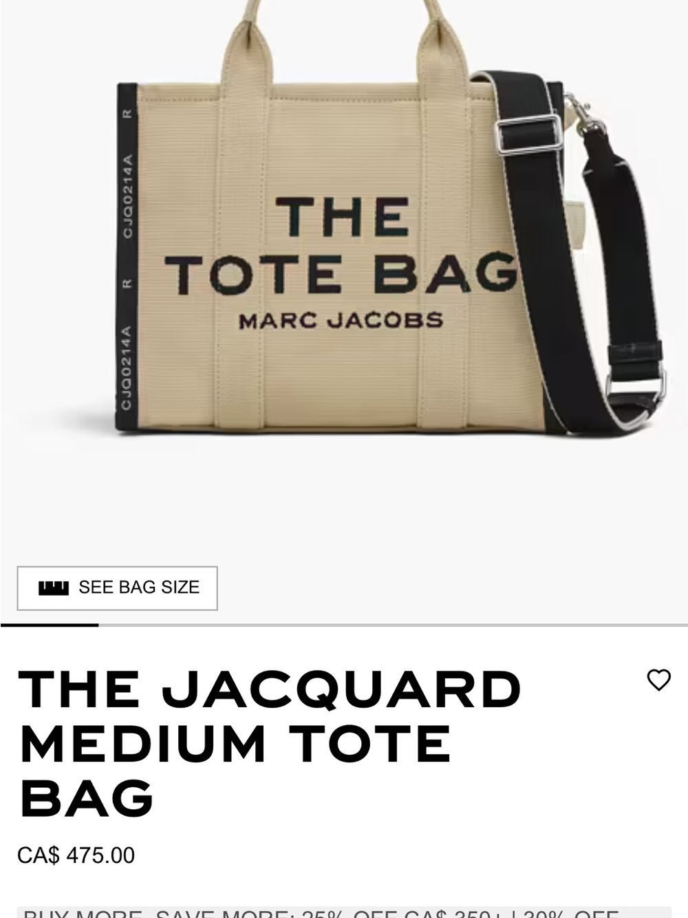 Marc Jacobs Beige & Black Jacquard Medium Tote with Adjustable Strap
